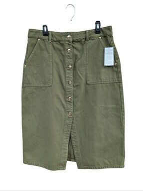 MICHAEL KORS Denim Midi Button-Front Utility Skirt In Smoky Olive NWT